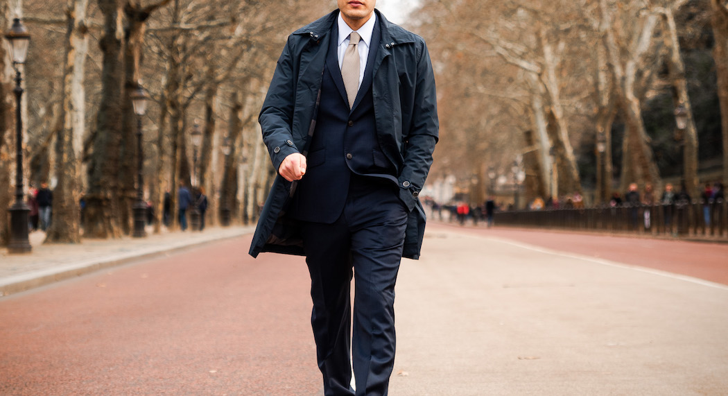 Best Jackets for your formal shirt, model walking with overcoat in London